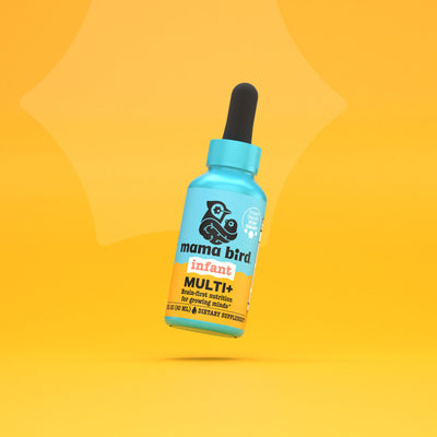 Mama Bird Infant Multi+ Drops, a 60 mL dietary supplement with a dropper, supports brain development in infants, featuring methylated vitamins and organic citrus flavor.
