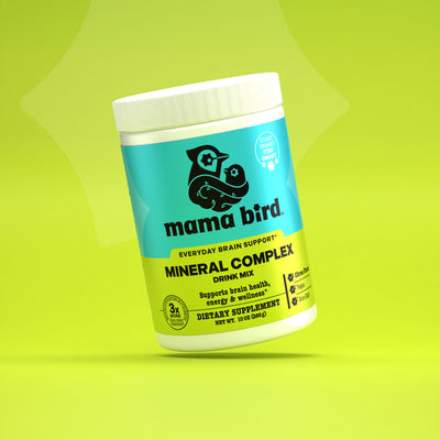Mama Bird Mineral Complex drink mix container on a green background