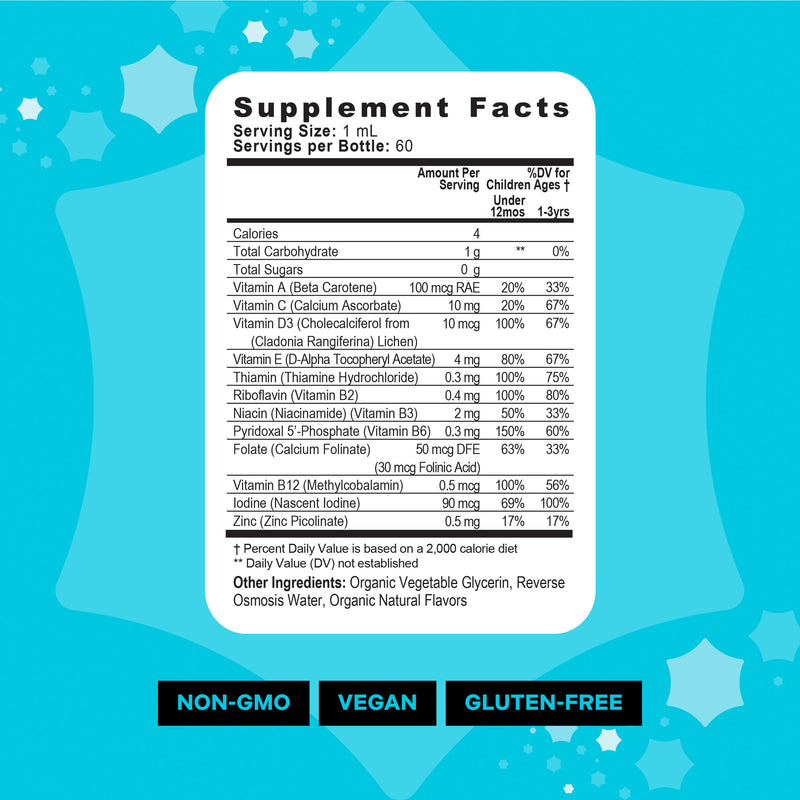 Supplement facts label  Mama Bird Infant Multi on a blue background with decorative elements