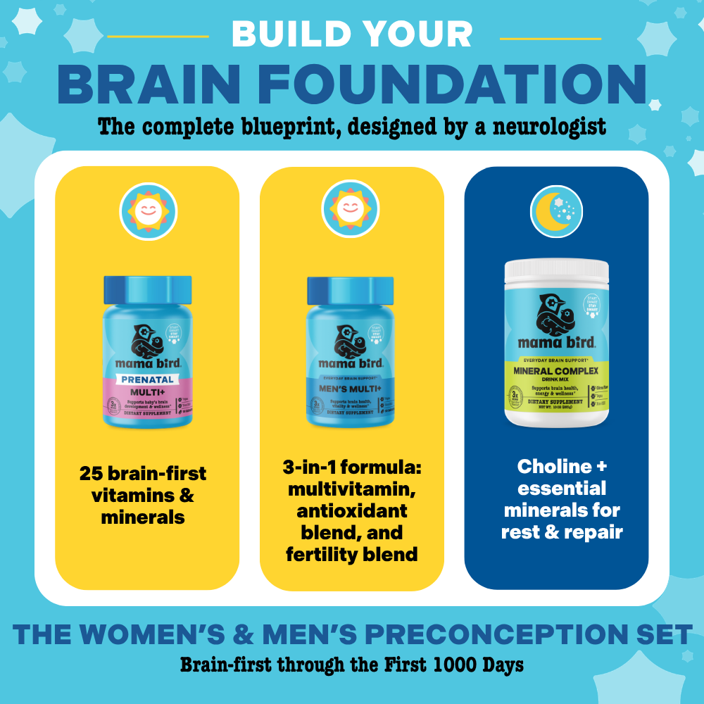 Image showing the Women's & Men's Preconception Set - prenatal, men's multivitamin, and choline with branding 'mama bird' on a blue background.