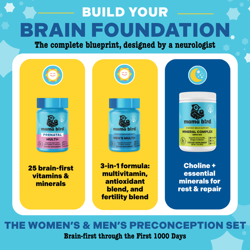 Image showing the Women's & Men's Preconception Set - prenatal, men's multivitamin, and choline with branding 'mama bird' on a blue background.