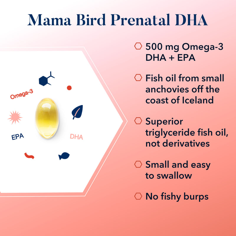 Mama Bird Prenatal DHA pill with unique symbols for baby's brain development.