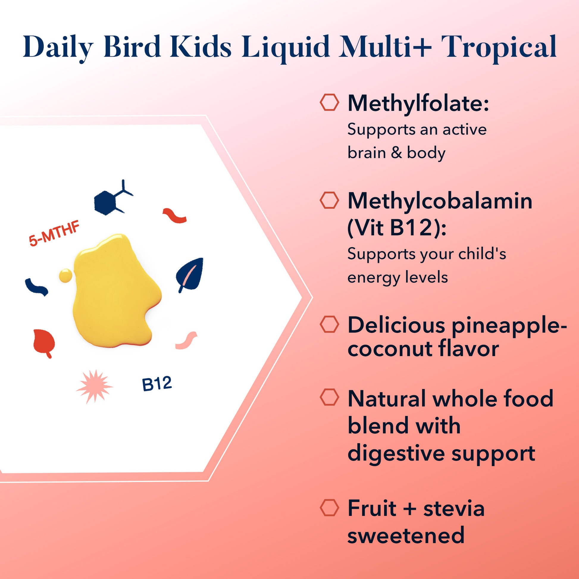 Kids Multi+ Tropical liquid multivitamin diagram, showcasing brain health benefits for children, with visual elements highlighting vitamins, textures, and related symbols.