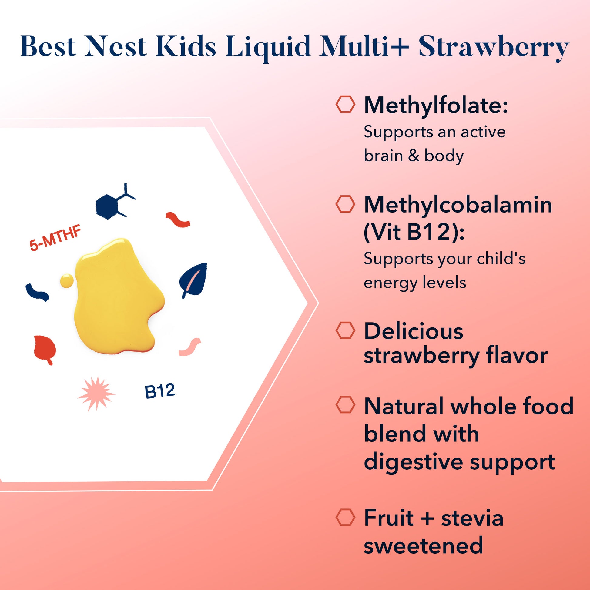 Diagram of Kids Multi+ Strawberry liquid vitamin with symbols and chart, aimed at supporting children's brain health.