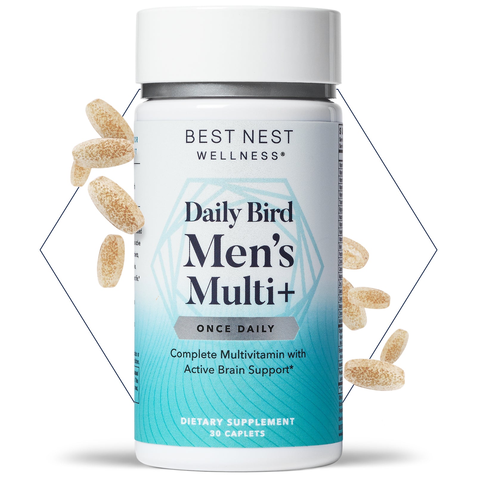 Men's Multi+ bottle with label and pills in close-up view.