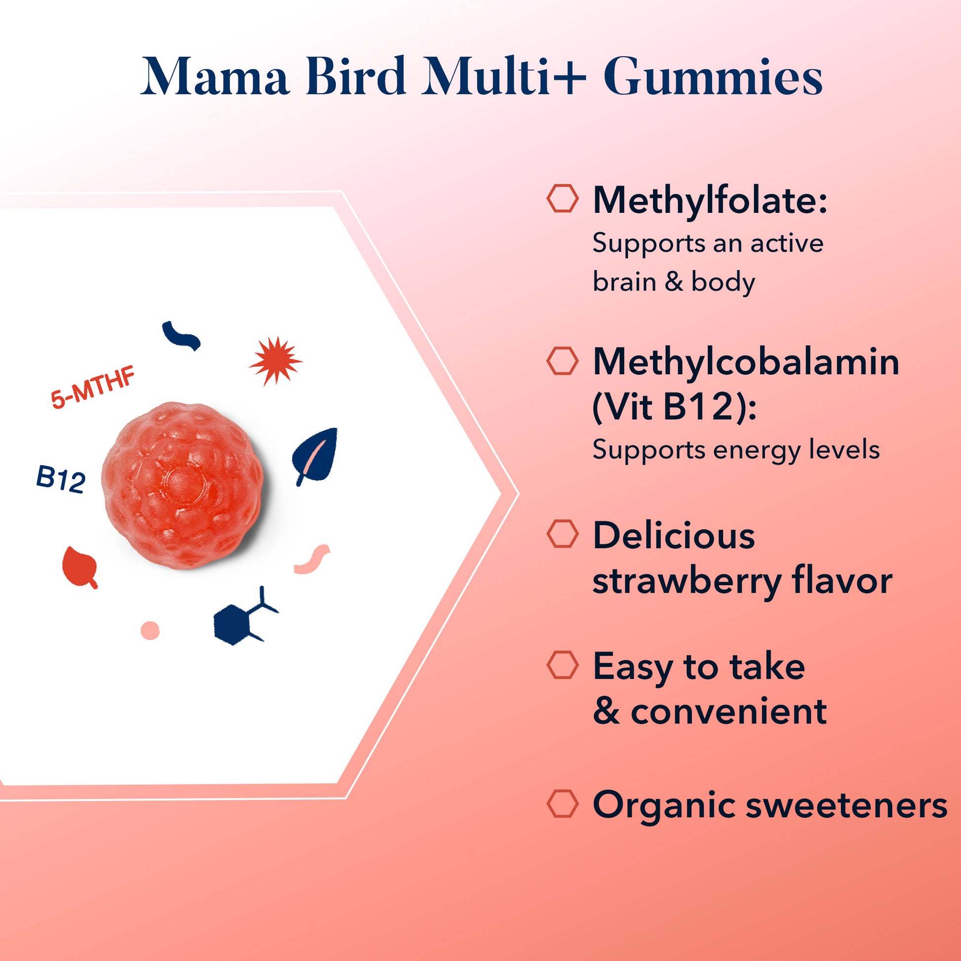 Mama Bird Prenatal Multi+ Gummies, a close-up of round gummies with text overlay, designed for prenatal and postnatal mamas with active methylated vitamins.